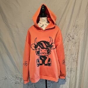 SHEIN Orange Hooded Sweatshirt with Highland Cow Graphic
